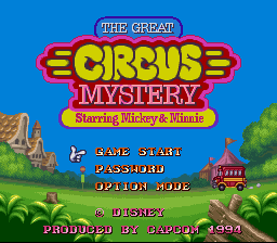 The Great Circus Mystery Starring Mickey and Minnie title screen for Super Nintendo